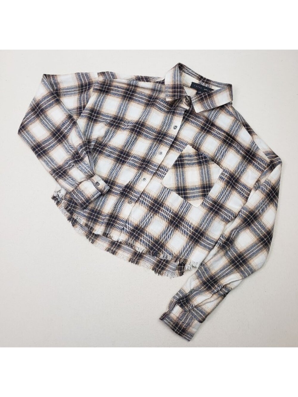 Faded Rose Women's Frayed Cropped Plaid Flannel Tan/Brown/Gold Shirt Sz S NEW